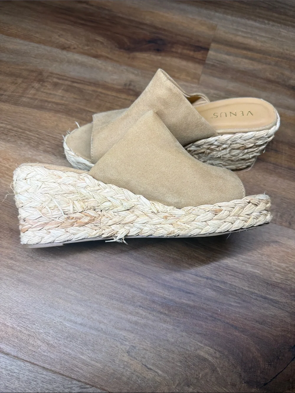 VENUS Beige Suede Espadrille Wedge Mule
